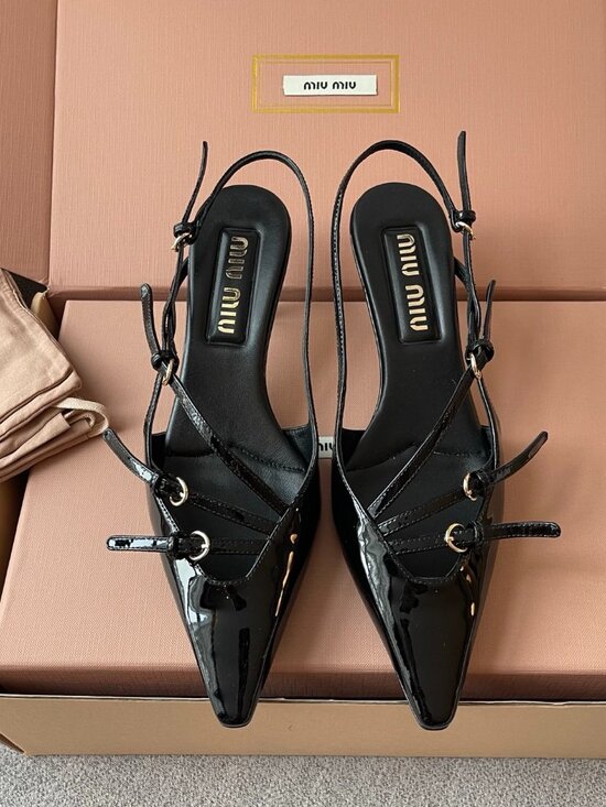 Miu Miu Shoes - Miu Miu Patent Leather Strappy Pointed-Toe Open-Back High-Heeled Sandals